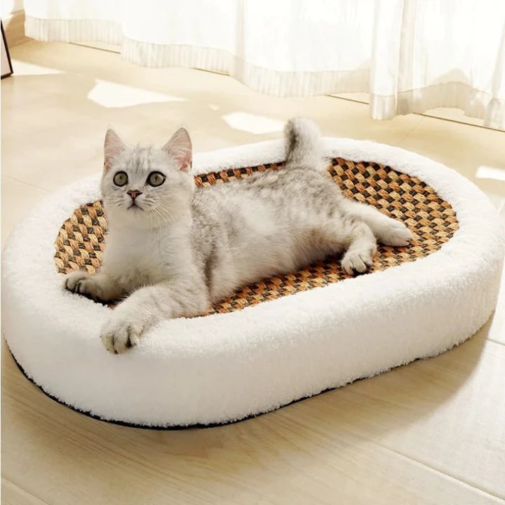 Krabmeubel-bed voor katten met verwarmde rand, zelfverwarmende sisalmat en ovaal ontwerp van sherpafleece