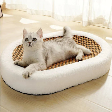 Krabmeubel-bed voor katten met verwarmde rand, zelfverwarmende sisalmat en ovaal ontwerp van sherpafleece