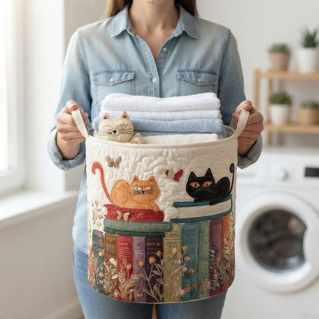 Gewatteerde wasmand met kattenpatroon, opvouwbare stoffen wasmand met handvatten