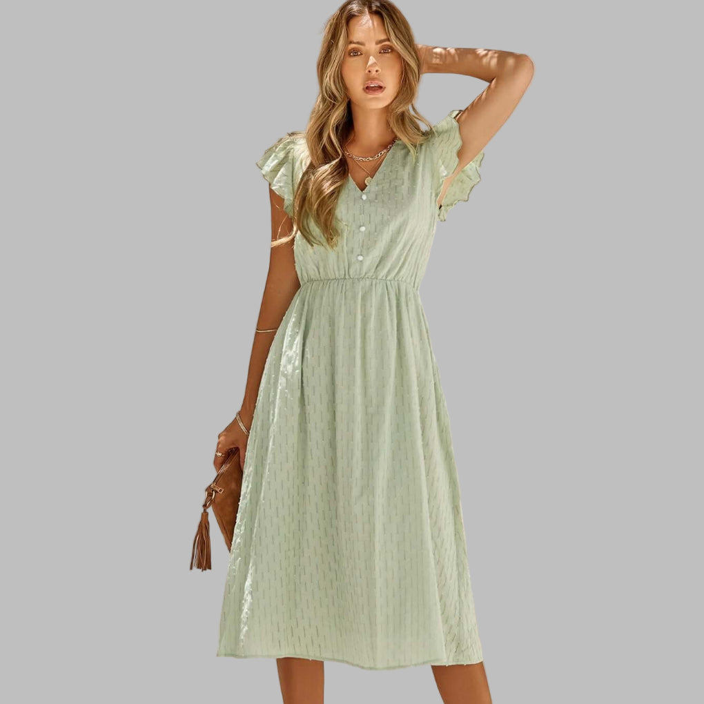 Dames geplooide midi-jurk met V-hals