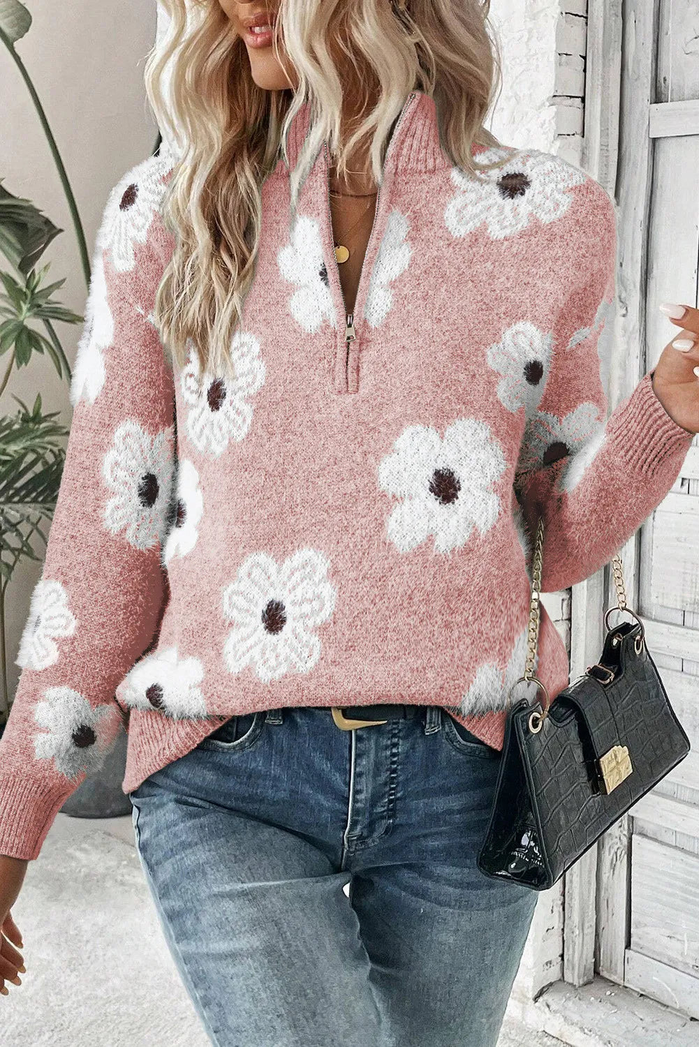 Sweater met bloemenprint en halve rits voor dames