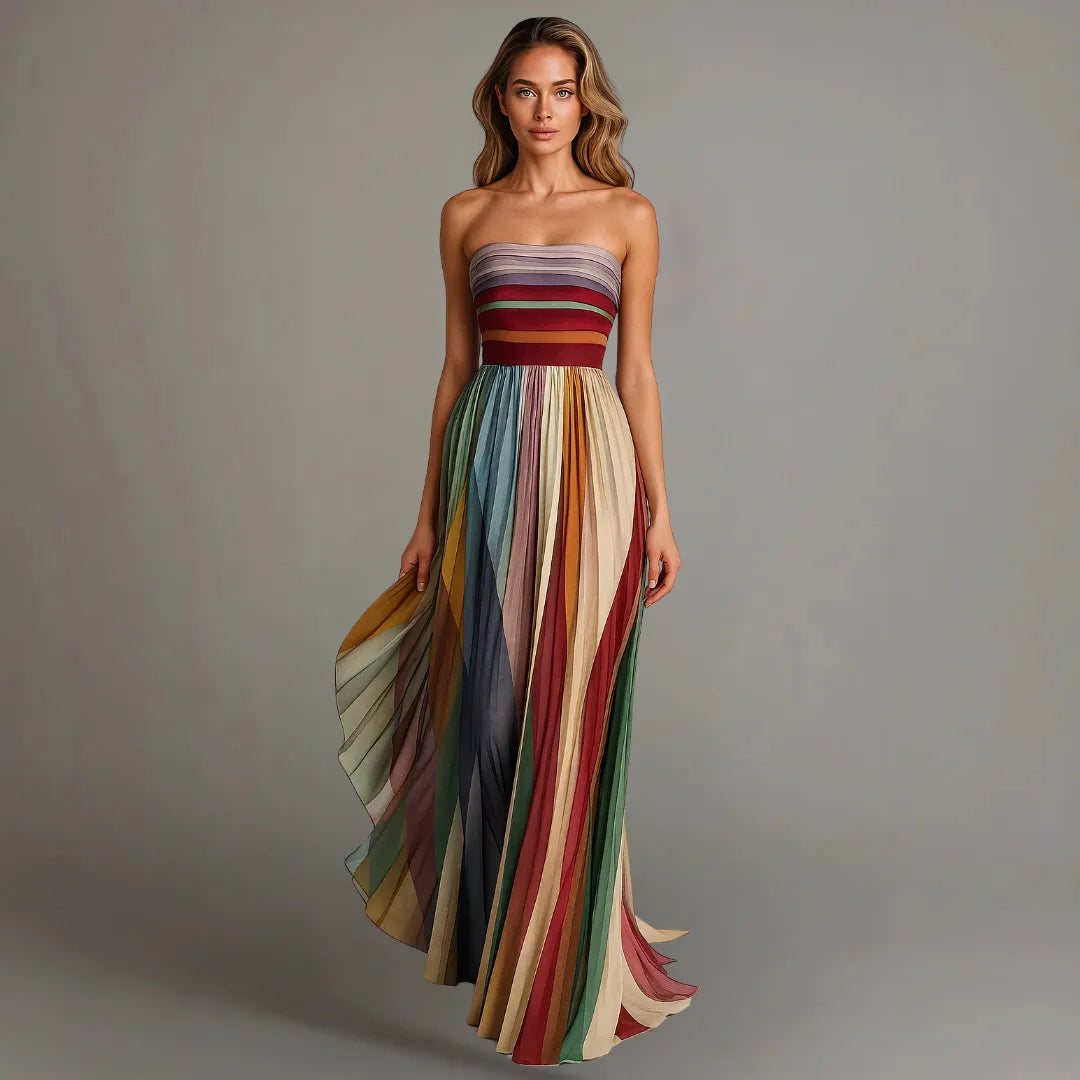 Cesca strapless gestreepte maxi-plisséjurk voor dames
