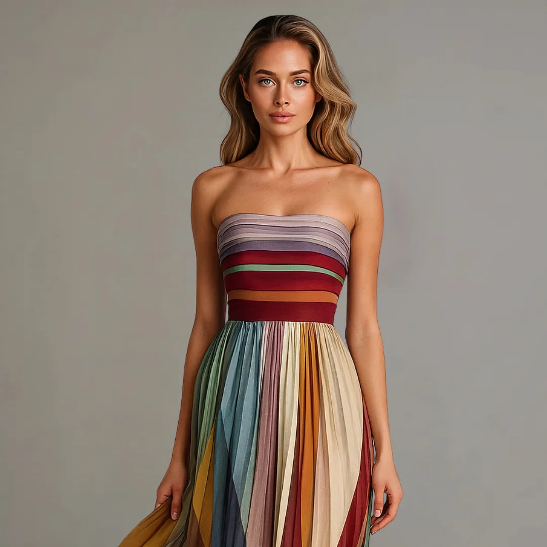 Cesca strapless gestreepte maxi-plisséjurk voor dames
