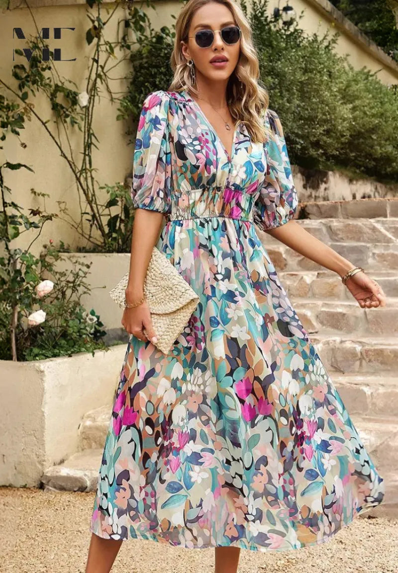 Chloe midijurk met V-hals en bloemenprint voor dames