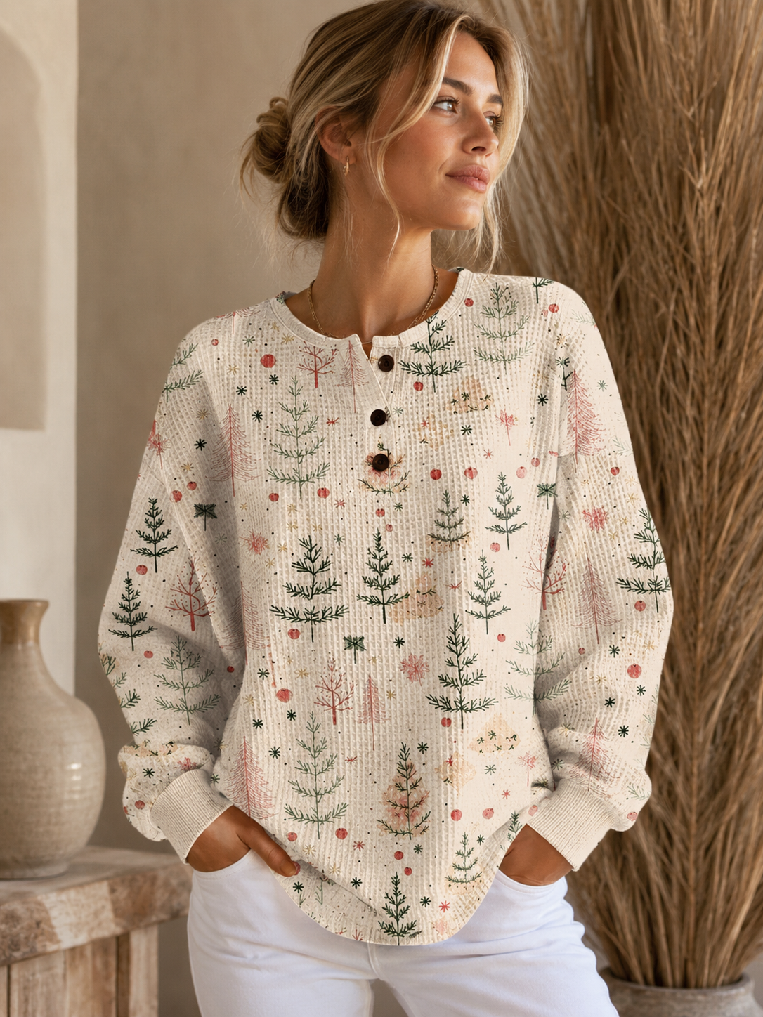 Geribbelde gebreide trui met kerstboomprint en knoopsluiting voor dames