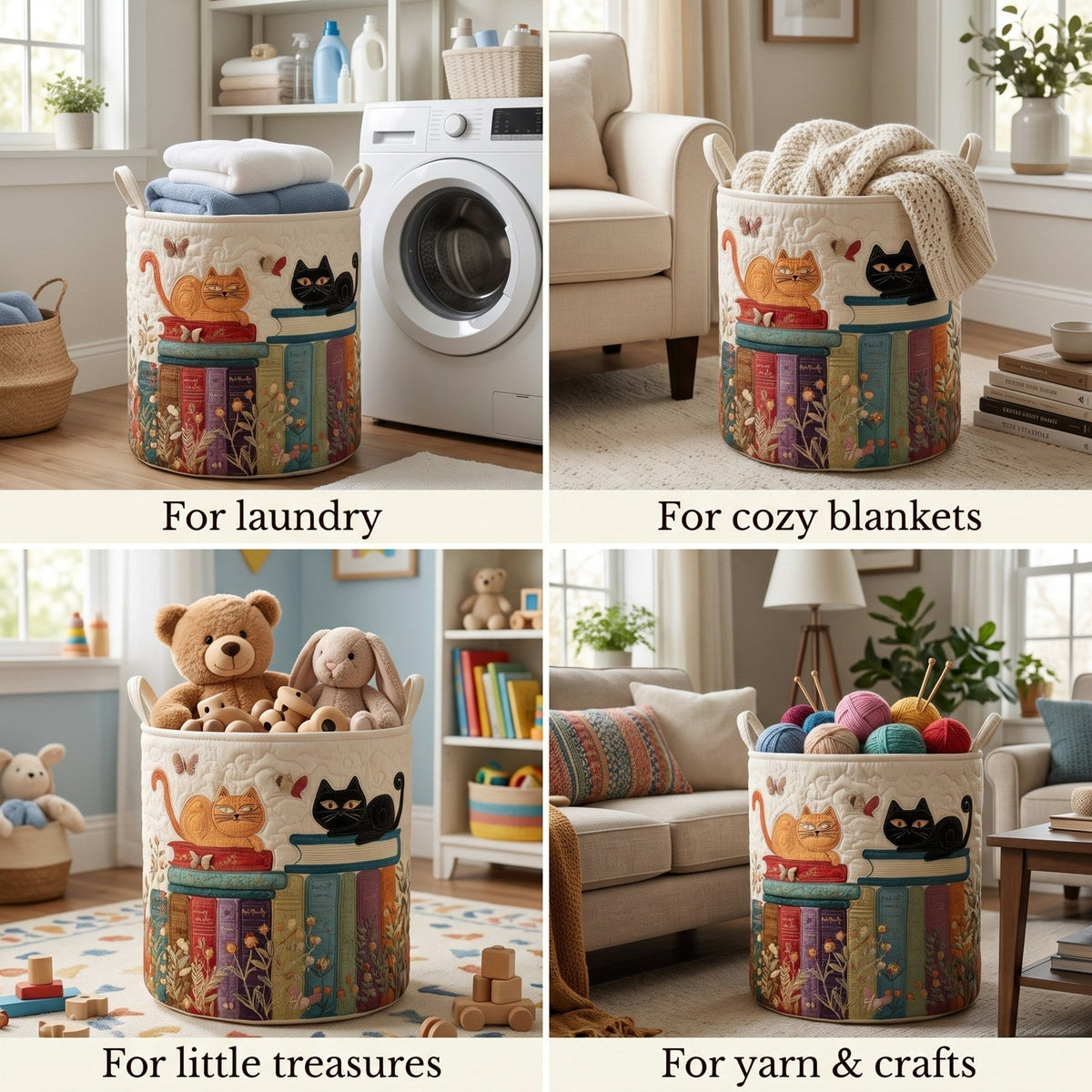 Gewatteerde wasmand met kattenpatroon, opvouwbare stoffen wasmand met handvatten