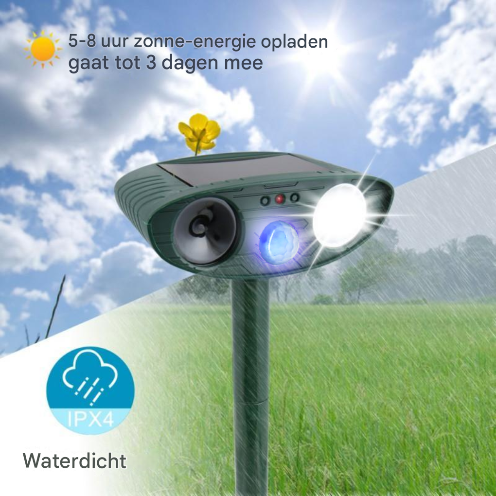 Bewegingsgestuurde ultrasone hertenverjager op zonne-energie