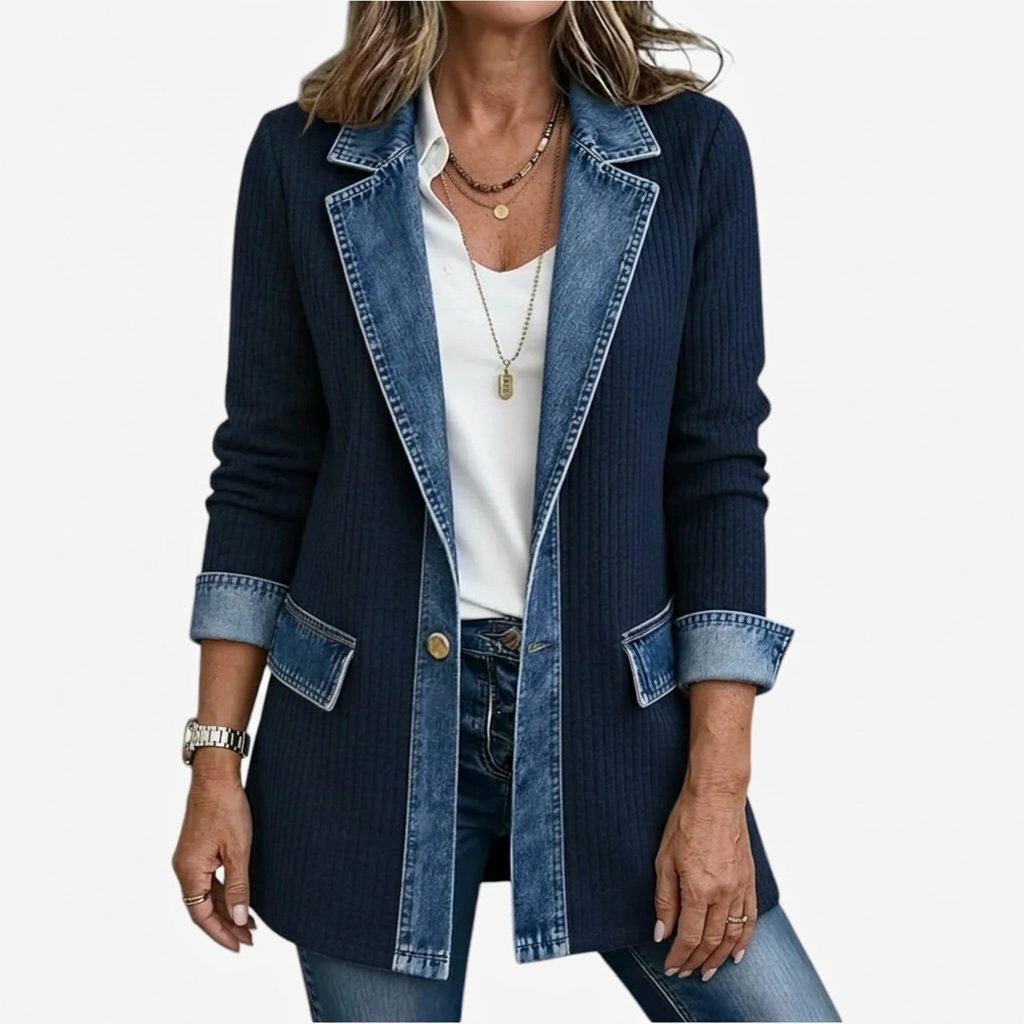 Ribgebreide blazer met denimpanelen en lange mouwen voor dames