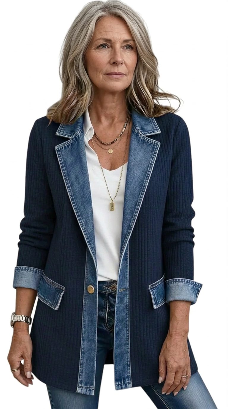 Ribgebreide blazer met denimpanelen en lange mouwen voor dames