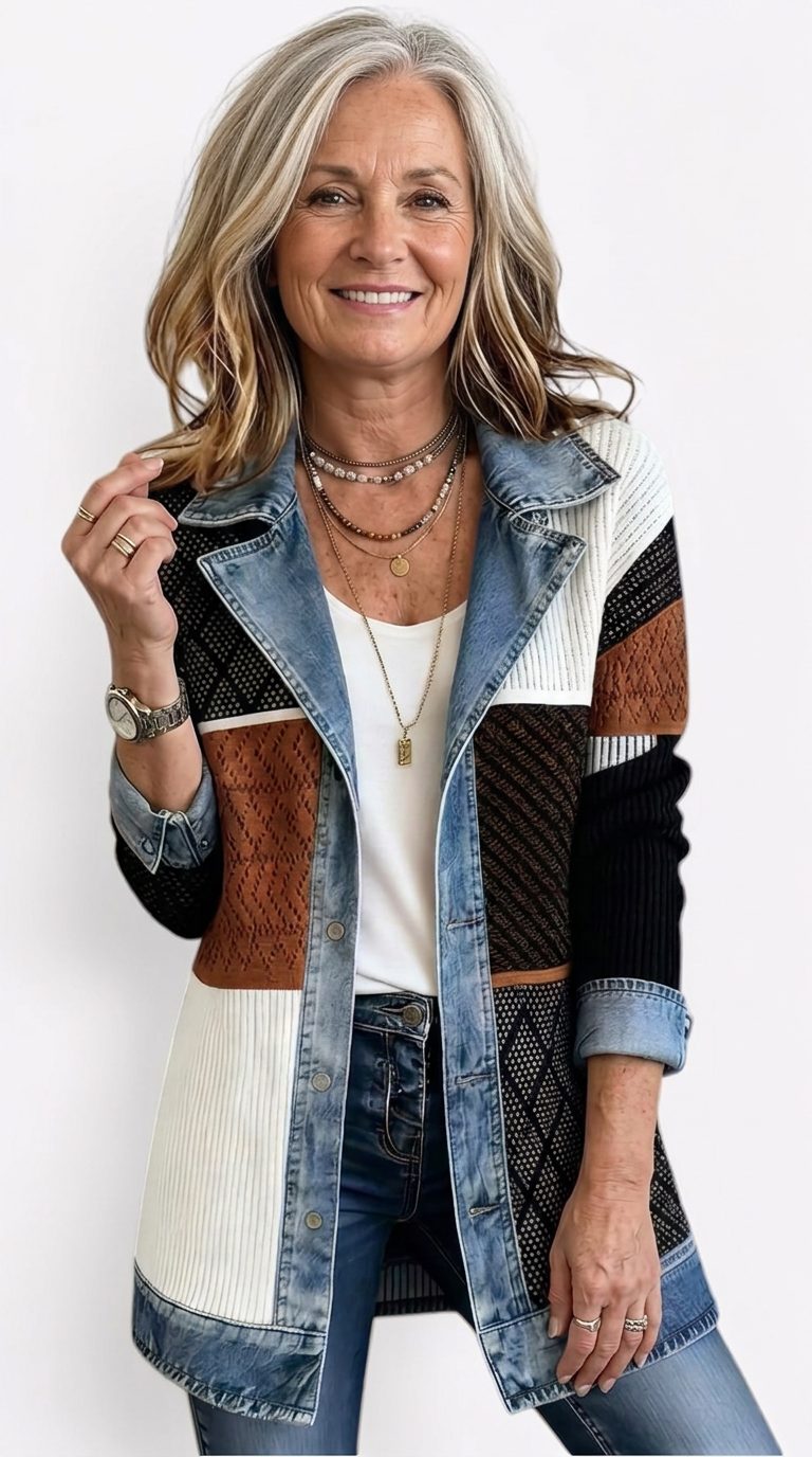 Ribgebreide blazer met denimpanelen en lange mouwen voor dames