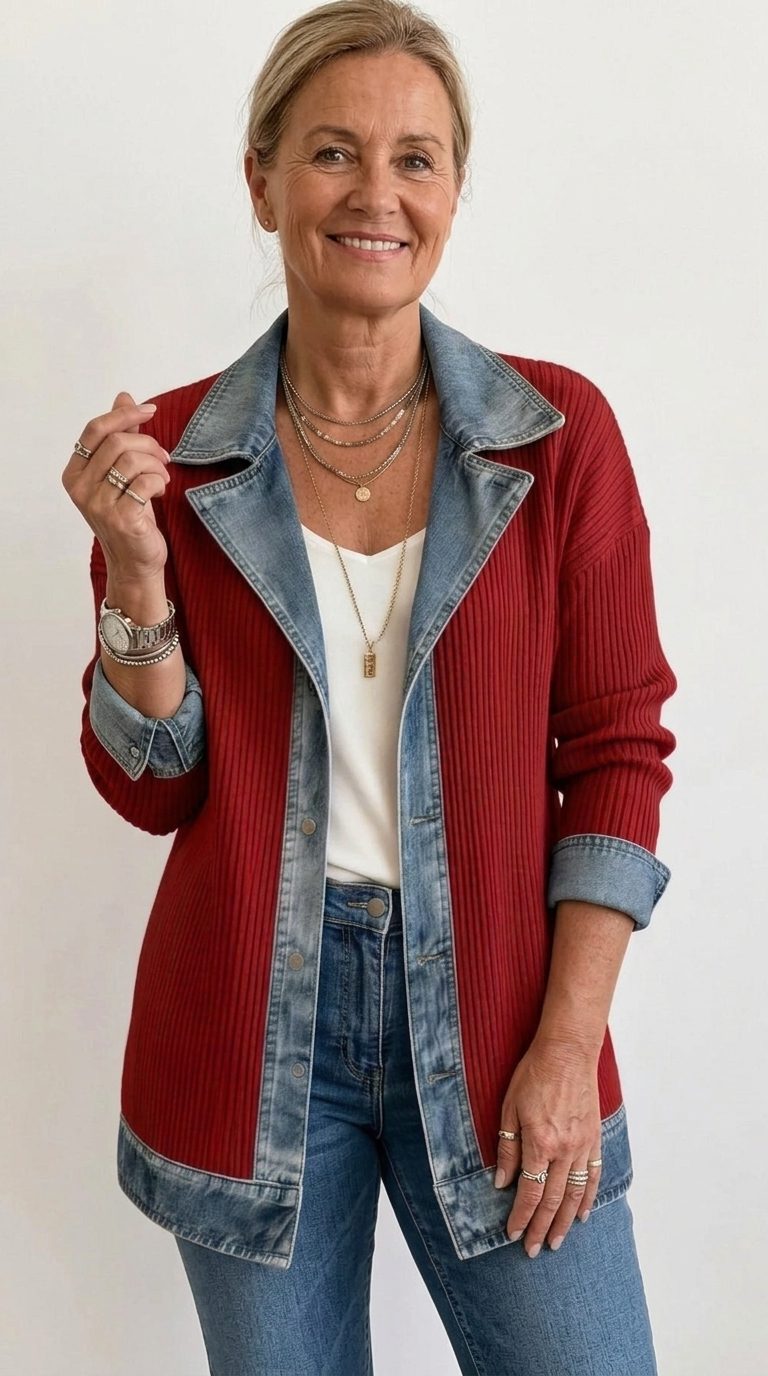 Ribgebreide blazer met denimpanelen en lange mouwen voor dames