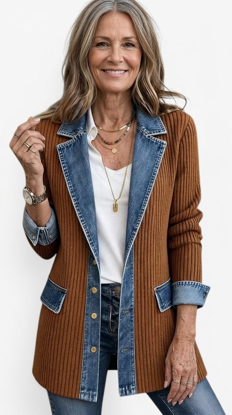 Ribgebreide blazer met denimpanelen en lange mouwen voor dames