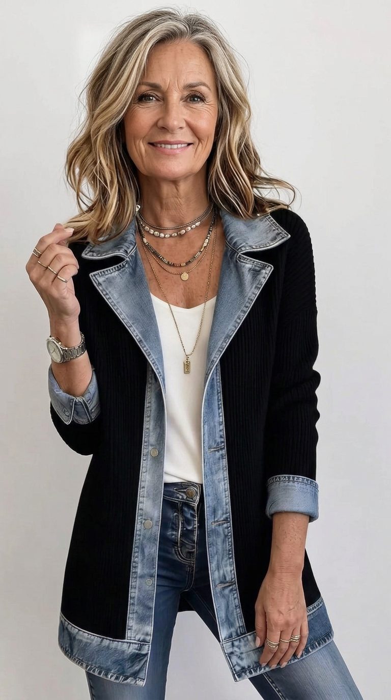 Ribgebreide blazer met denimpanelen en lange mouwen voor dames