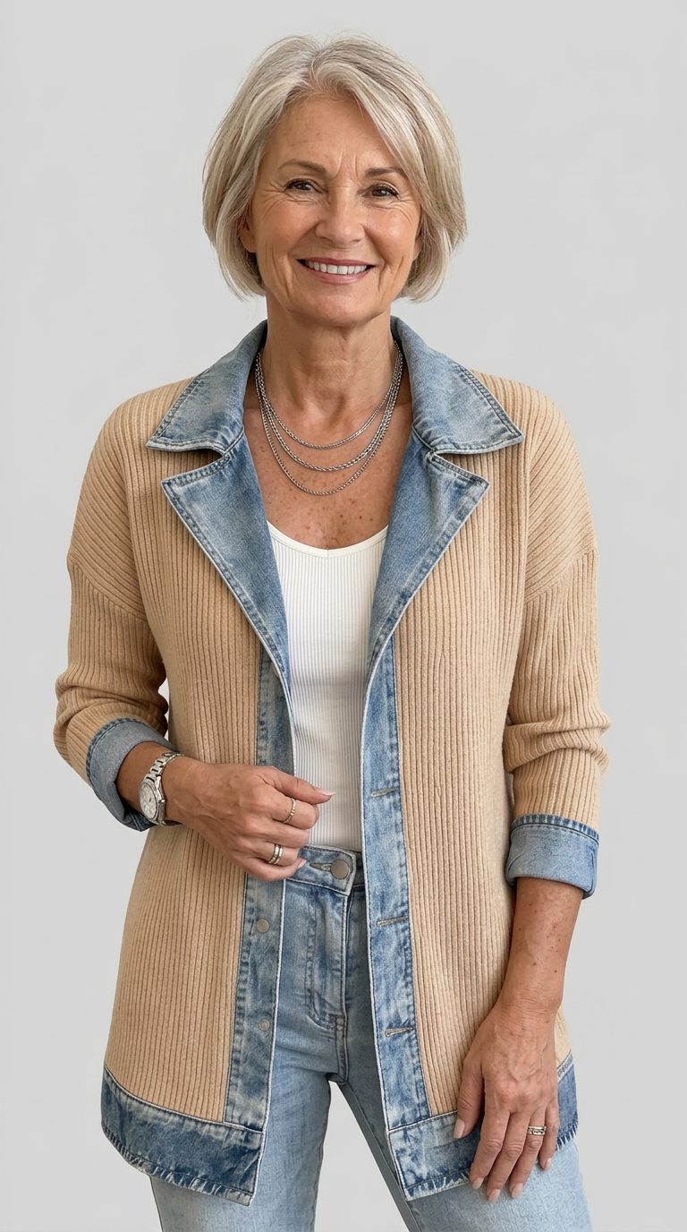 Ribgebreide blazer met denimpanelen en lange mouwen voor dames