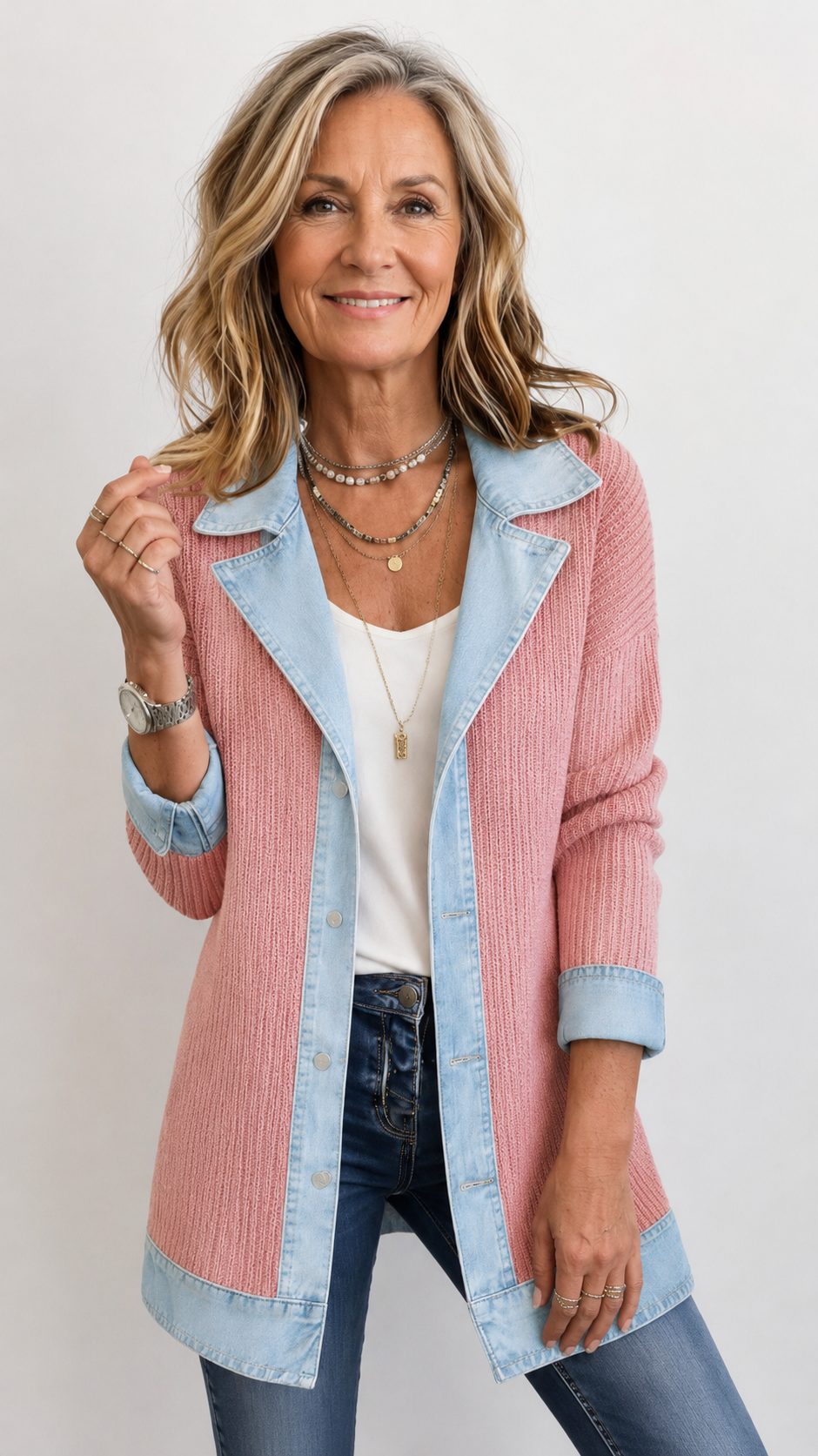 Ribgebreide blazer met denimpanelen en lange mouwen voor dames