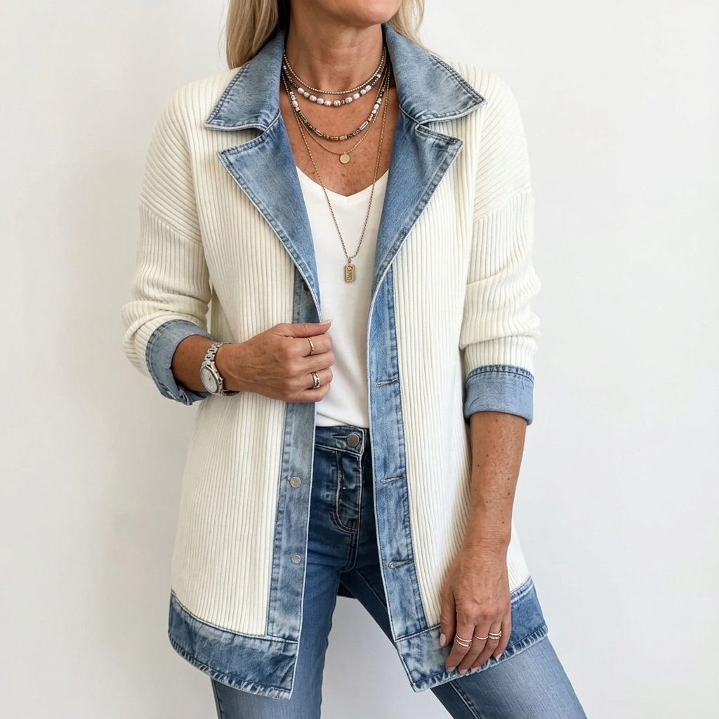 Ribgebreide blazer met denimpanelen en lange mouwen voor dames