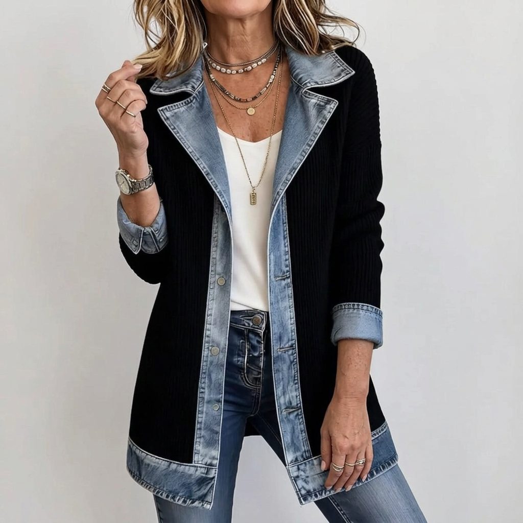 Ribgebreide blazer met denimpanelen en lange mouwen voor dames