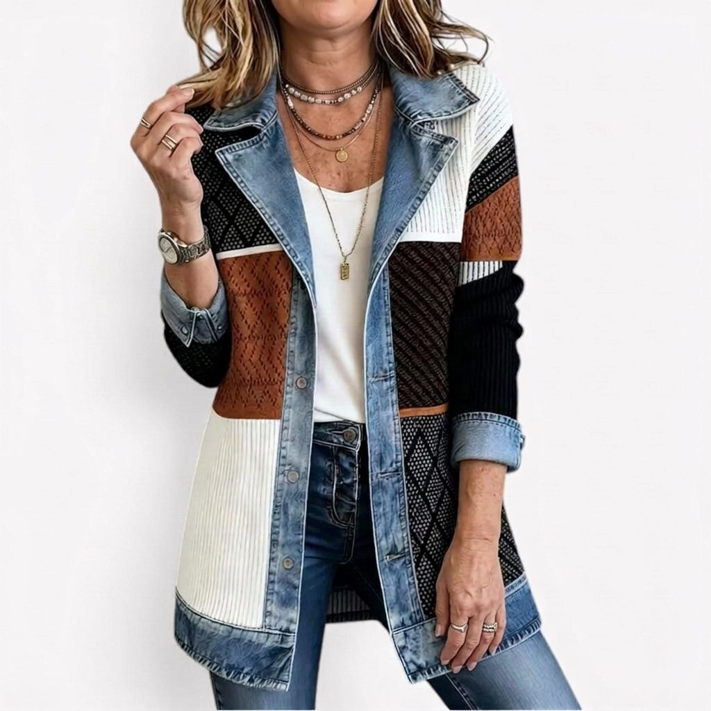 Ribgebreide blazer met denimpanelen en lange mouwen voor dames