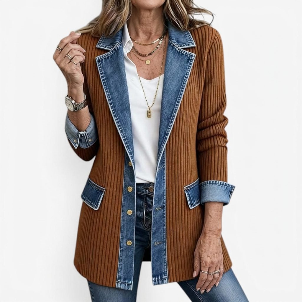 Ribgebreide blazer met denimpanelen en lange mouwen voor dames