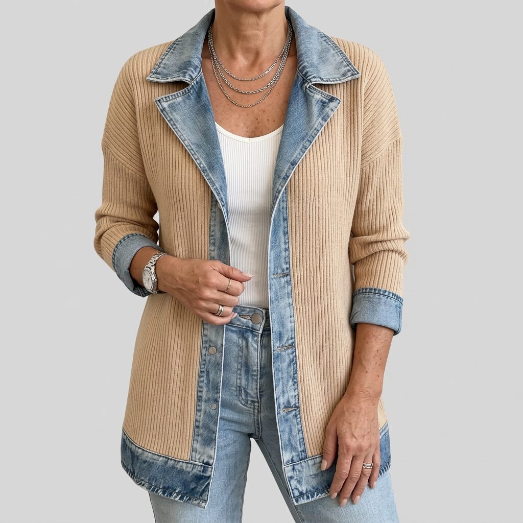 Ribgebreide blazer met denimpanelen en lange mouwen voor dames