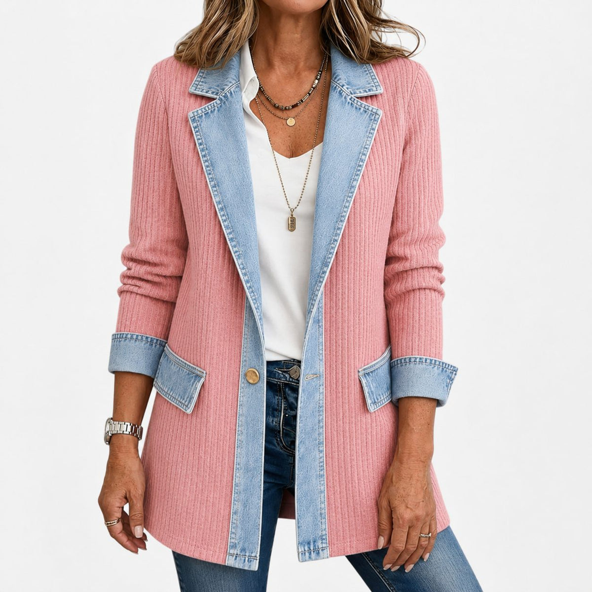 Ribgebreide blazer met denimpanelen en lange mouwen voor dames