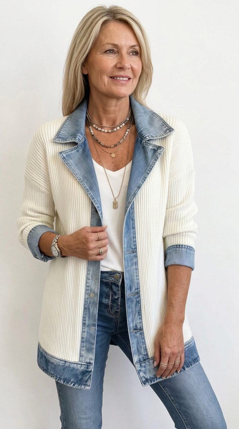 Ribgebreide blazer met denimpanelen en lange mouwen voor dames
