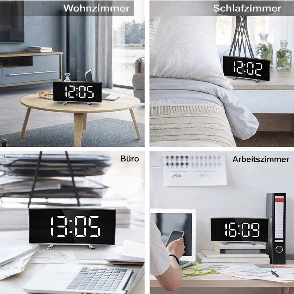 Digitale wekker met gebogen led-spiegeldisplay en automatische dimfunctie