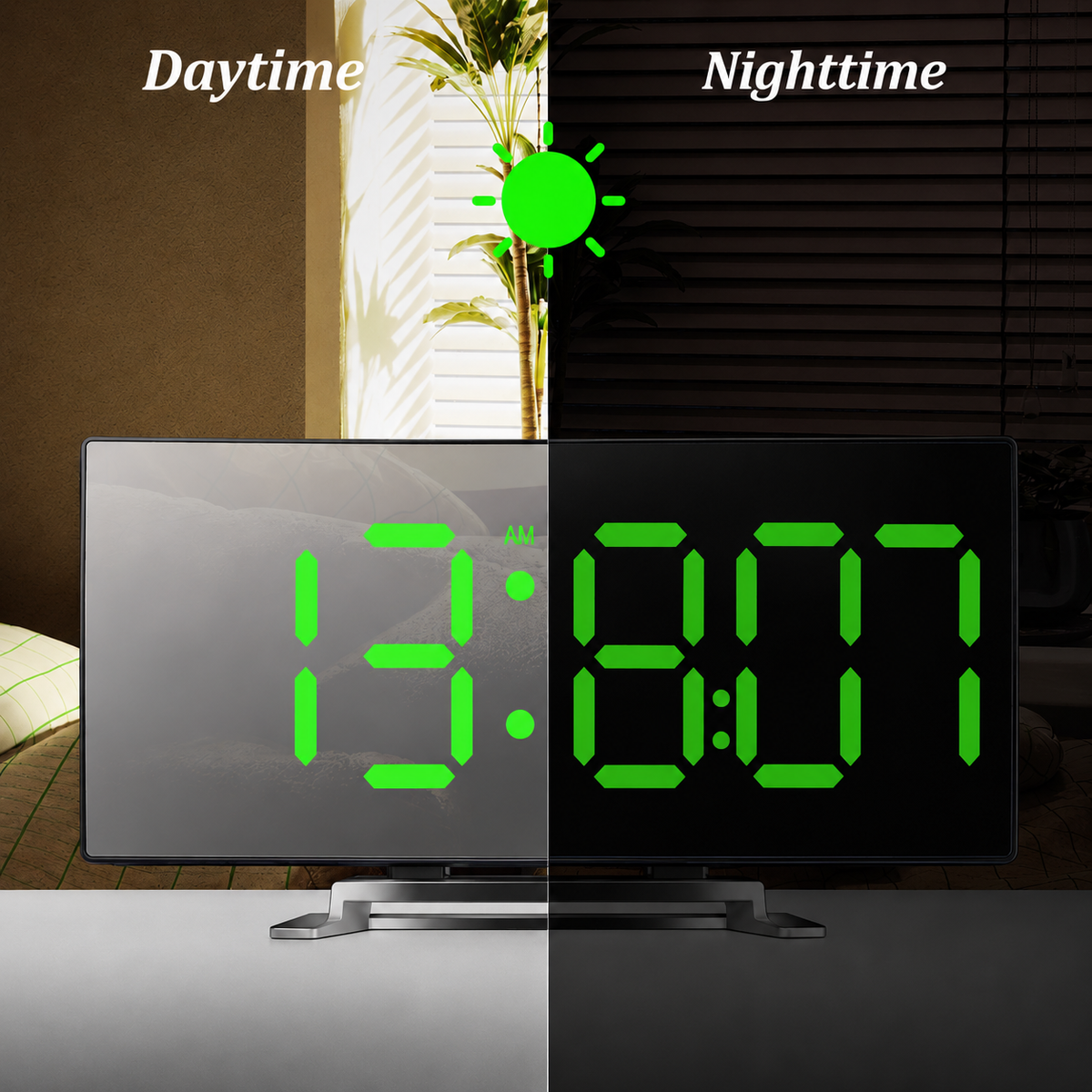 Digitale wekker met gebogen led-spiegeldisplay en automatische dimfunctie