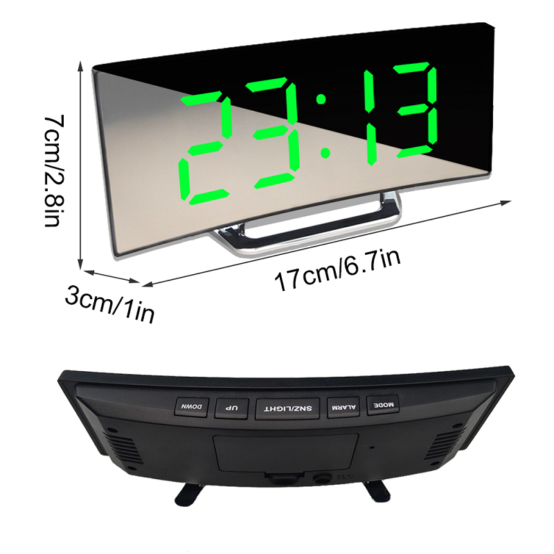 Digitale wekker met gebogen led-spiegeldisplay en automatische dimfunctie