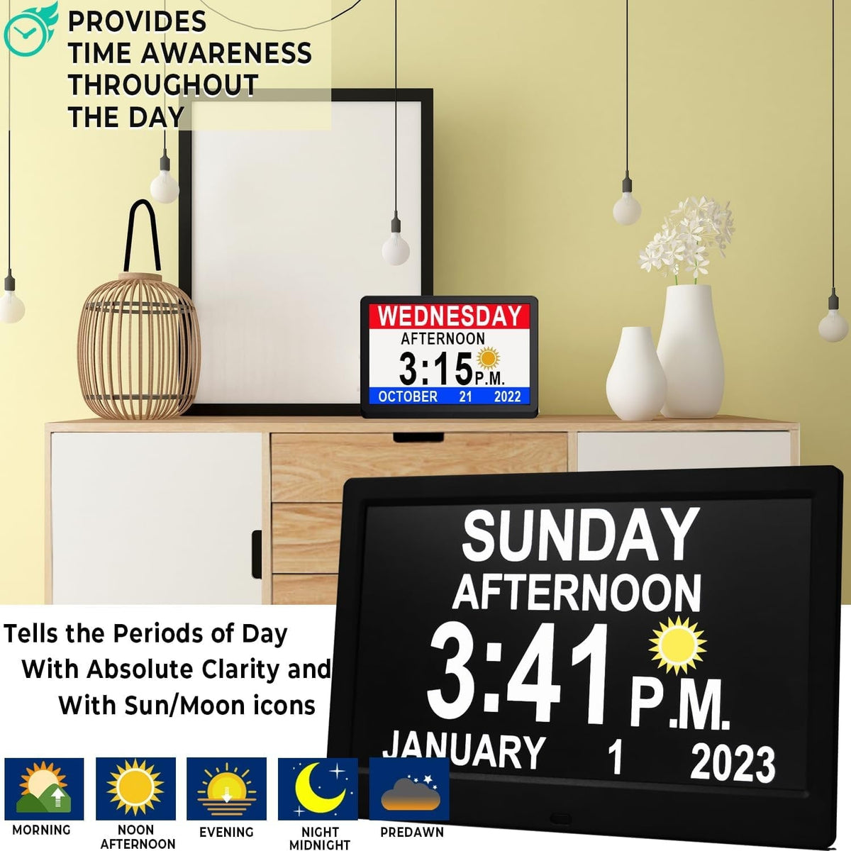 Digitale klok met seconden en groot 10-inch display voor ouderen met kalender, dag en datum