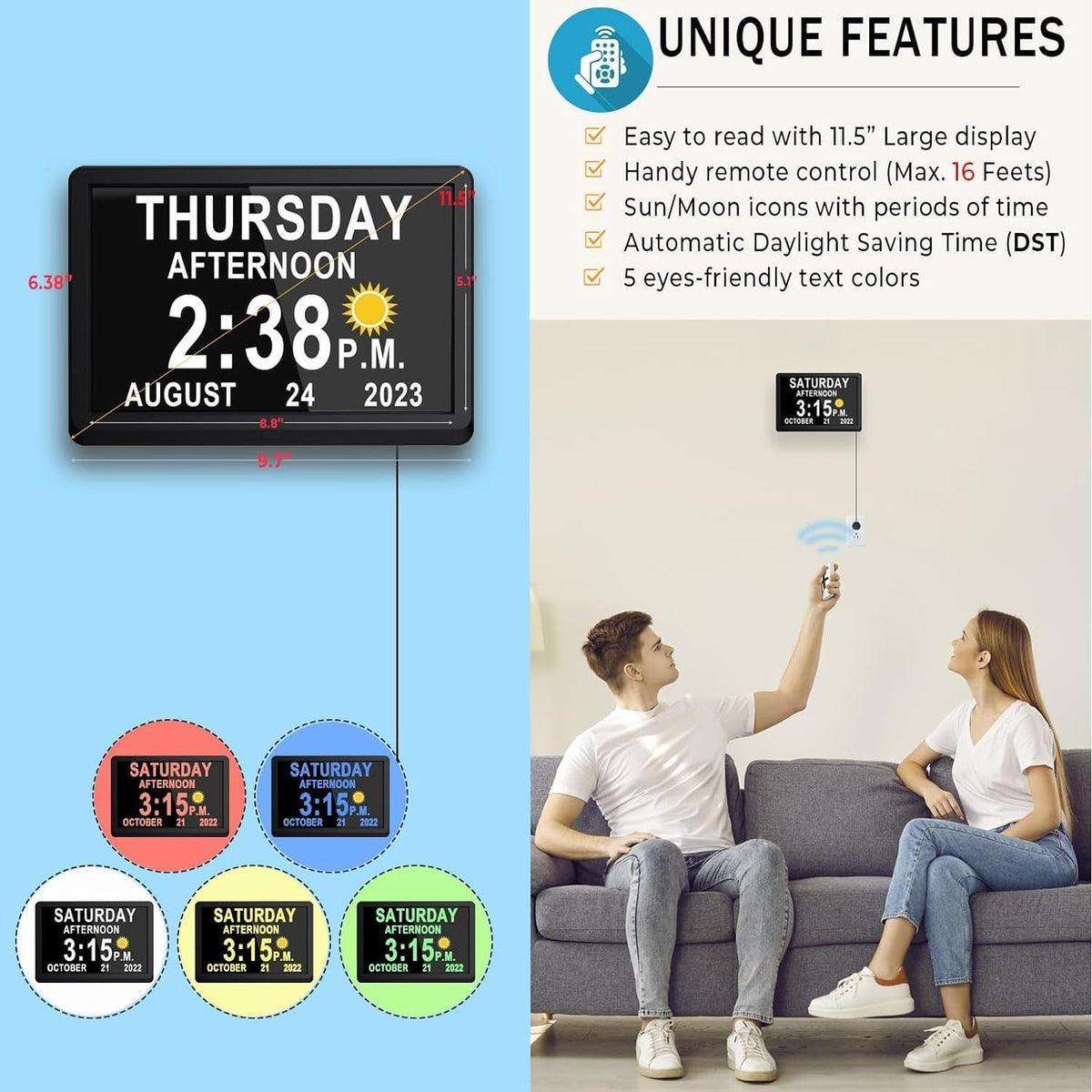 Digitale klok met seconden en groot 10-inch display voor ouderen met kalender, dag en datum