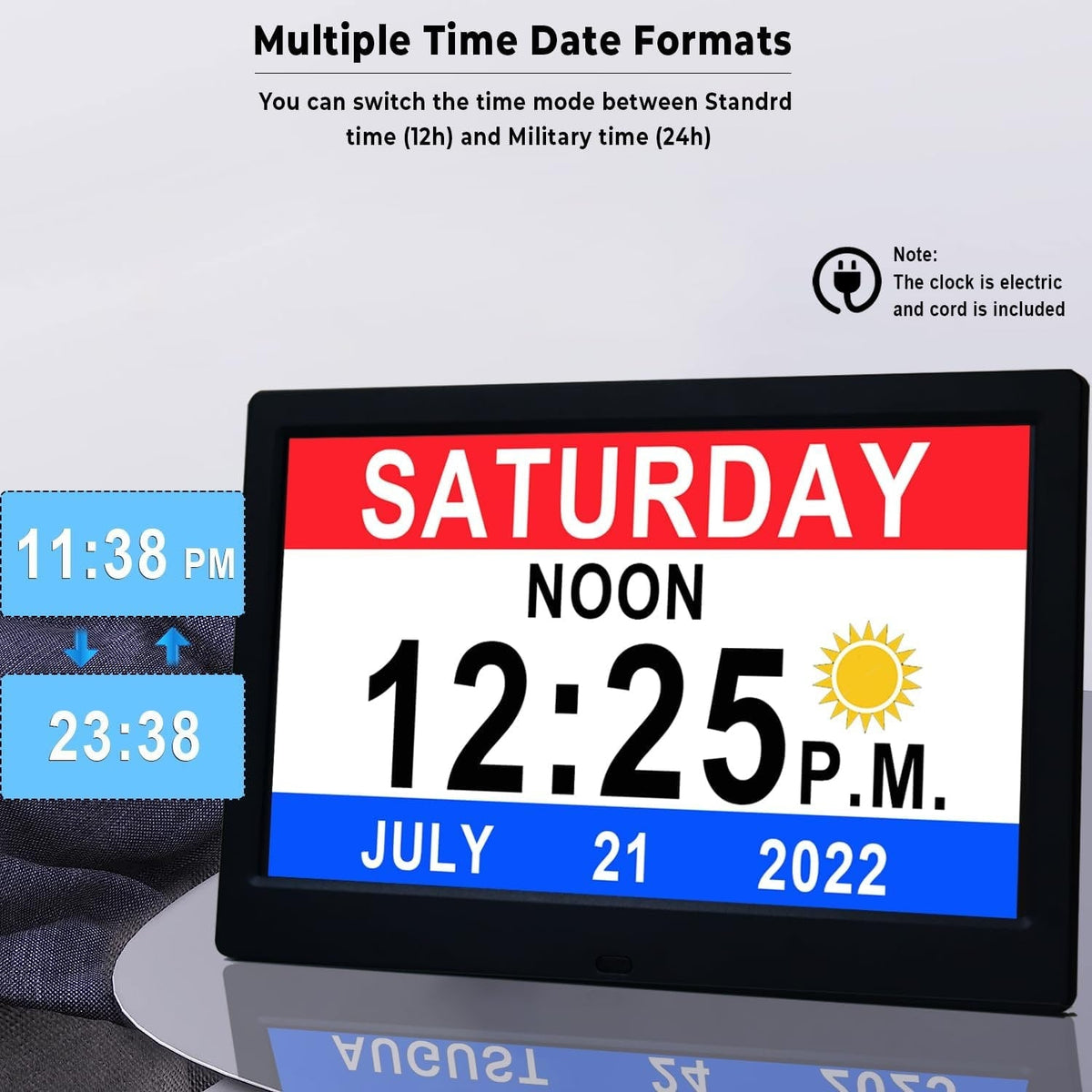 Digitale klok met seconden en groot 10-inch display voor ouderen met kalender, dag en datum