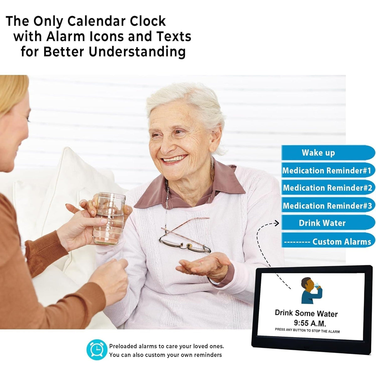 Digitale klok met seconden en groot 10-inch display voor ouderen met kalender, dag en datum