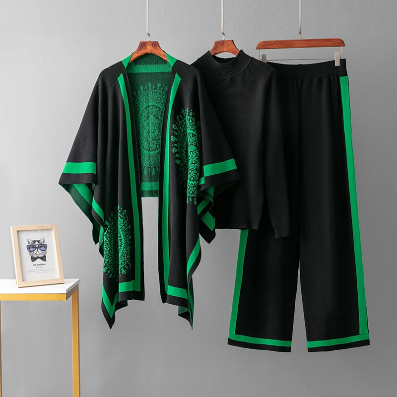 Comfortabele Loungewear Gebreide 3-Delige Set, Trui, Sjaal En Wijde Broek - Sarah