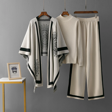 Comfortabele Loungewear Gebreide 3-Delige Set, Trui, Sjaal En Wijde Broek - Sarah