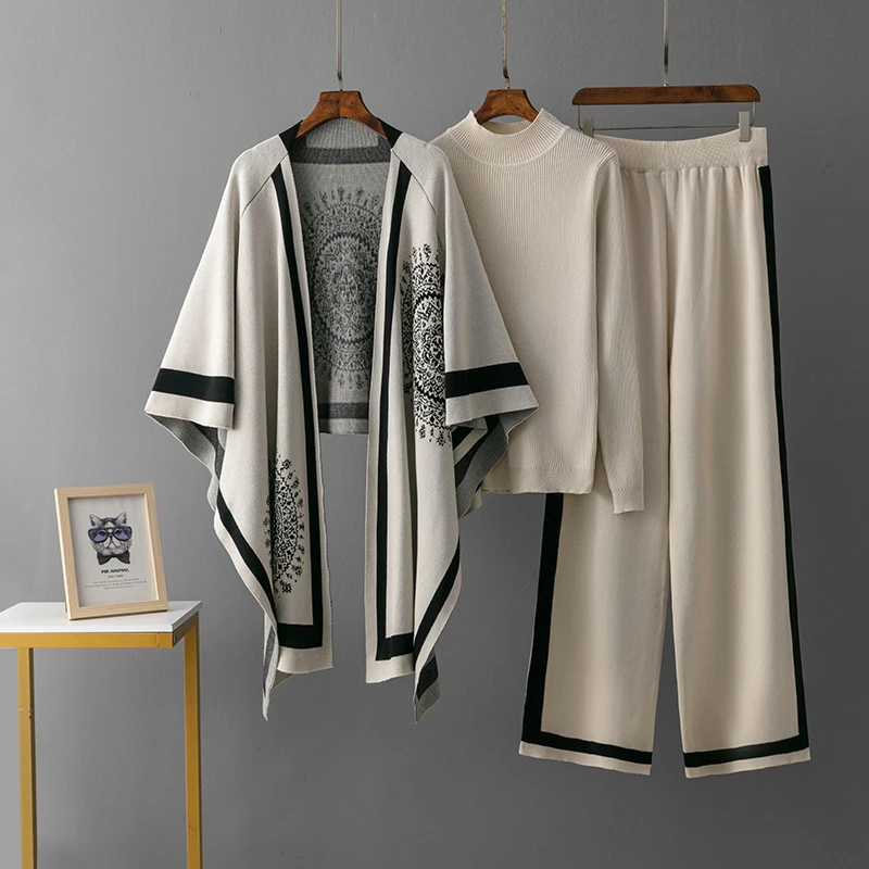 Comfortabele Loungewear Gebreide 3-Delige Set, Trui, Sjaal En Wijde Broek - Sarah