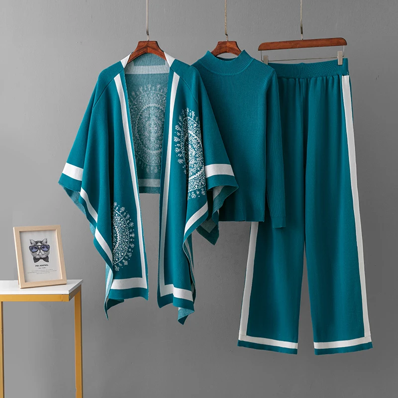 Comfortabele Loungewear Gebreide 3-Delige Set, Trui, Sjaal En Wijde Broek - Sarah