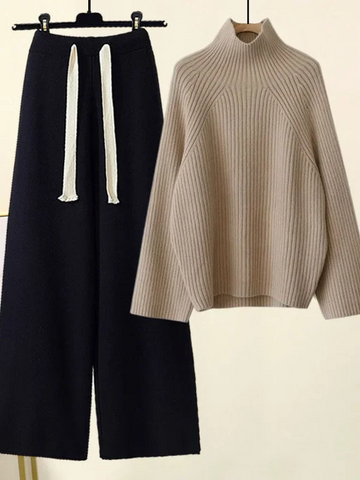 Gebreide 2-Delige Set Voor Dames, Losse Coltrui En Wijde Broek - Sarah
