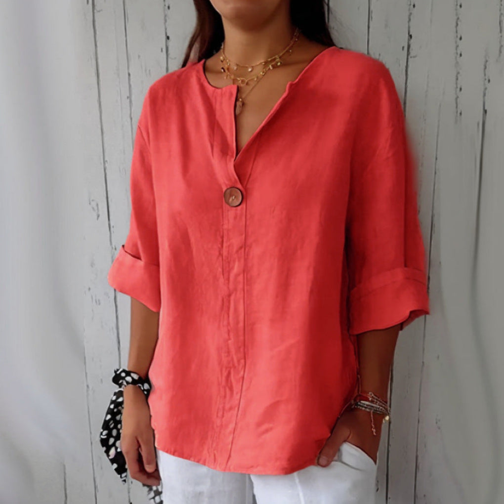 V-neck Long-sleeved T-shirt Fashion Loose Cotton And Linen Button Tops For Women