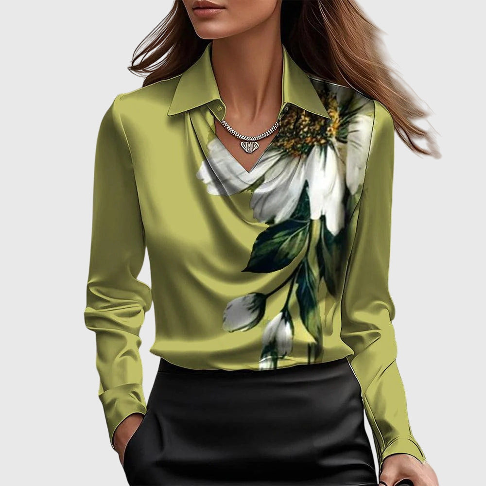 Satijnen blouse voor dames met watervalhals - Topje met lange mouwen en kraag voor werk en avond