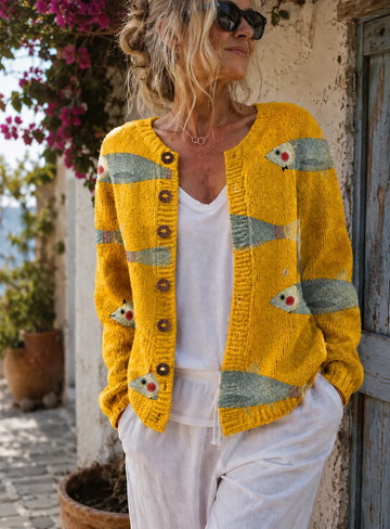 Edwina damesvest met vissenprint en knoopsluiting