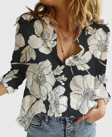 Elena katoen-linnen damesblouse met bloemenprint en V-hals