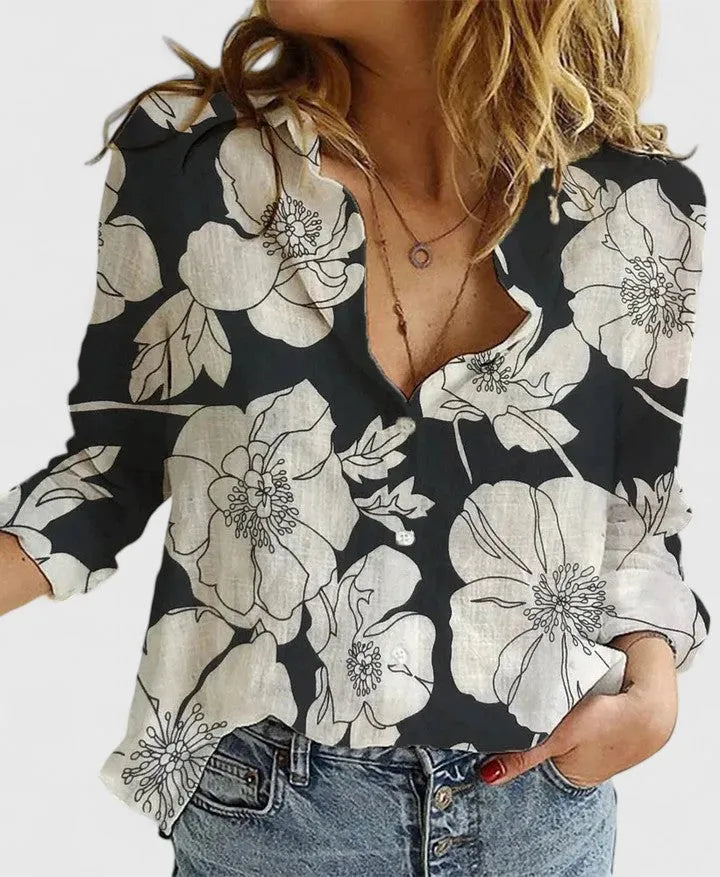 Elena katoen-linnen damesblouse met bloemenprint en V-hals