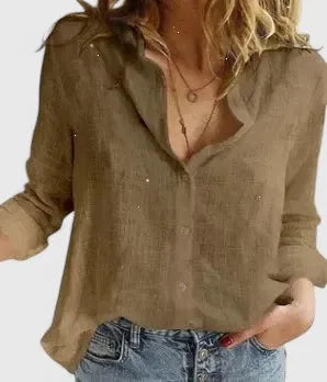 Elena katoen-linnen damesblouse met bloemenprint en V-hals