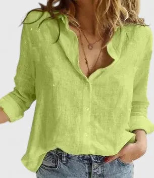 Elena katoen-linnen damesblouse met bloemenprint en V-hals