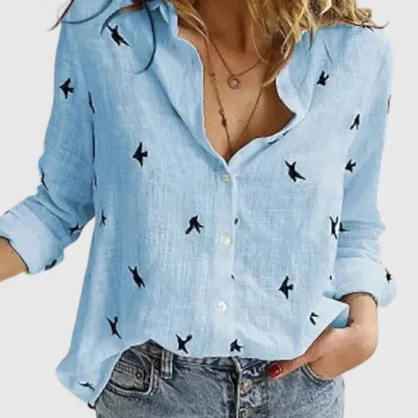Elena katoen-linnen damesblouse met bloemenprint en V-hals