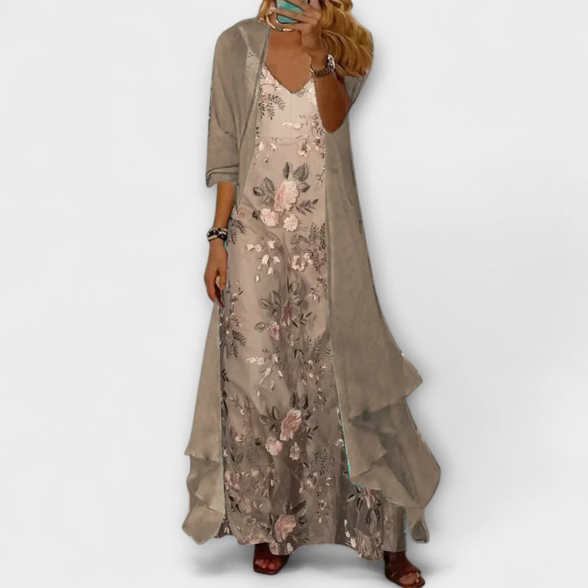 Elif tweedelige damesset met maxijurk met V-hals en bloemenprint