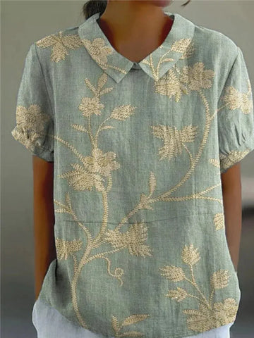 Damesblouse met geborduurde bloemen, kraag en korte mouwen