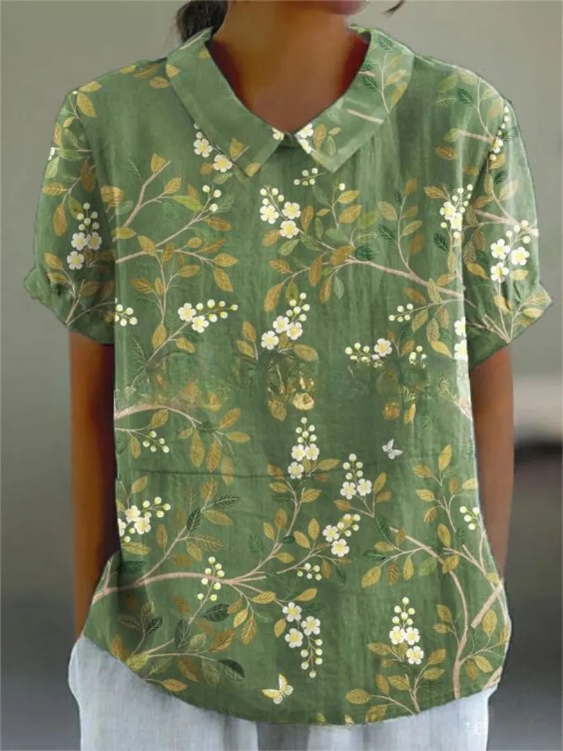 Damesblouse met geborduurde bloemen, kraag en korte mouwen