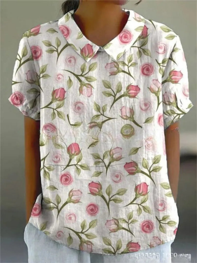 Damesblouse met geborduurde bloemen, kraag en korte mouwen
